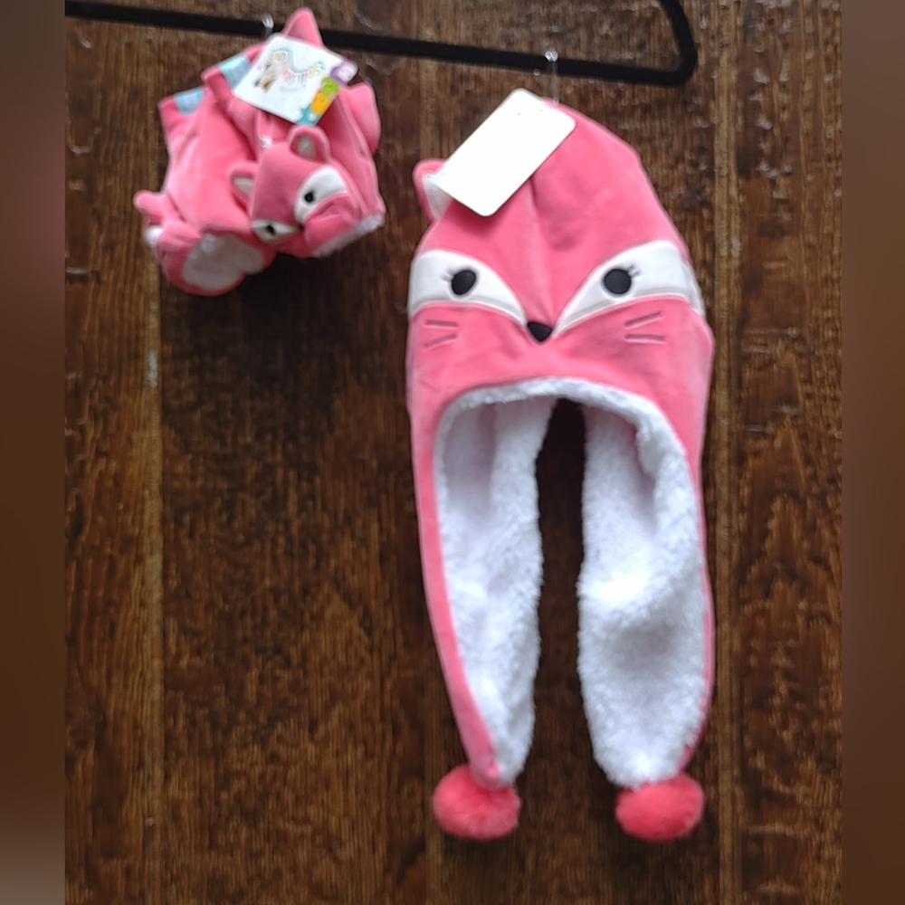 Squishmallow Fifi The Fox Kids Earflap Hat & Mittens Pink Plush OSZ